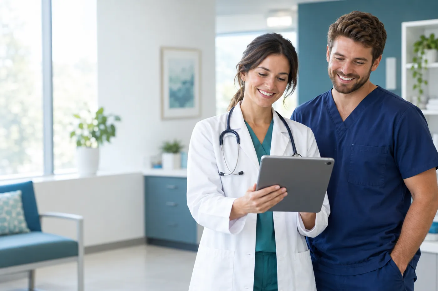 A CBS Pharmacy doctor and nurse reviewing a consultation on a tablet